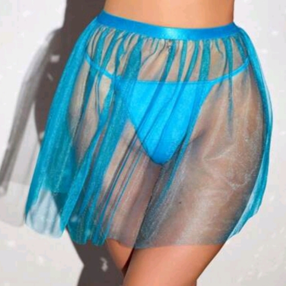 3pc Mermaid Print Metallic Teal Wrap Top, G-string & Mesh Skirt Lingerie Set (L) - Picture 8 of 8